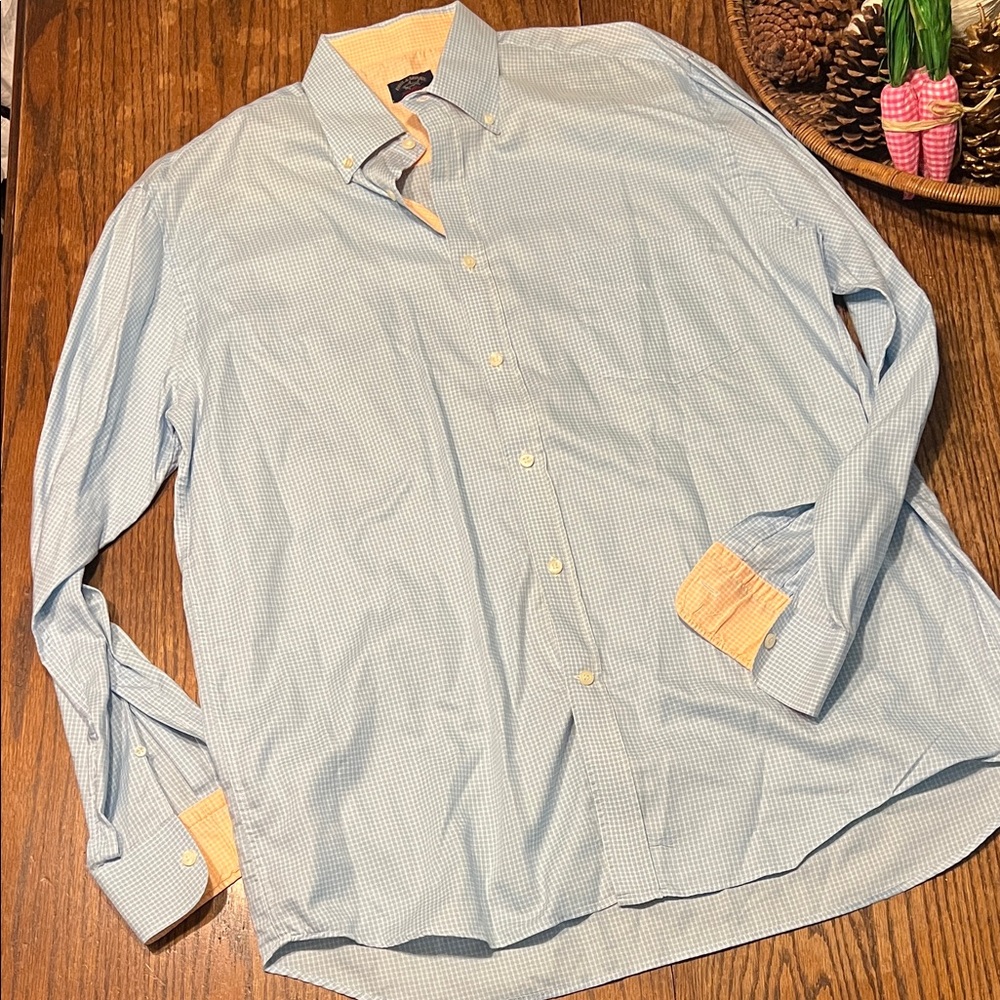 Paul & Shark Light Blue Micro-Check Dress Shirt with Peach Inner Collar & Cuff